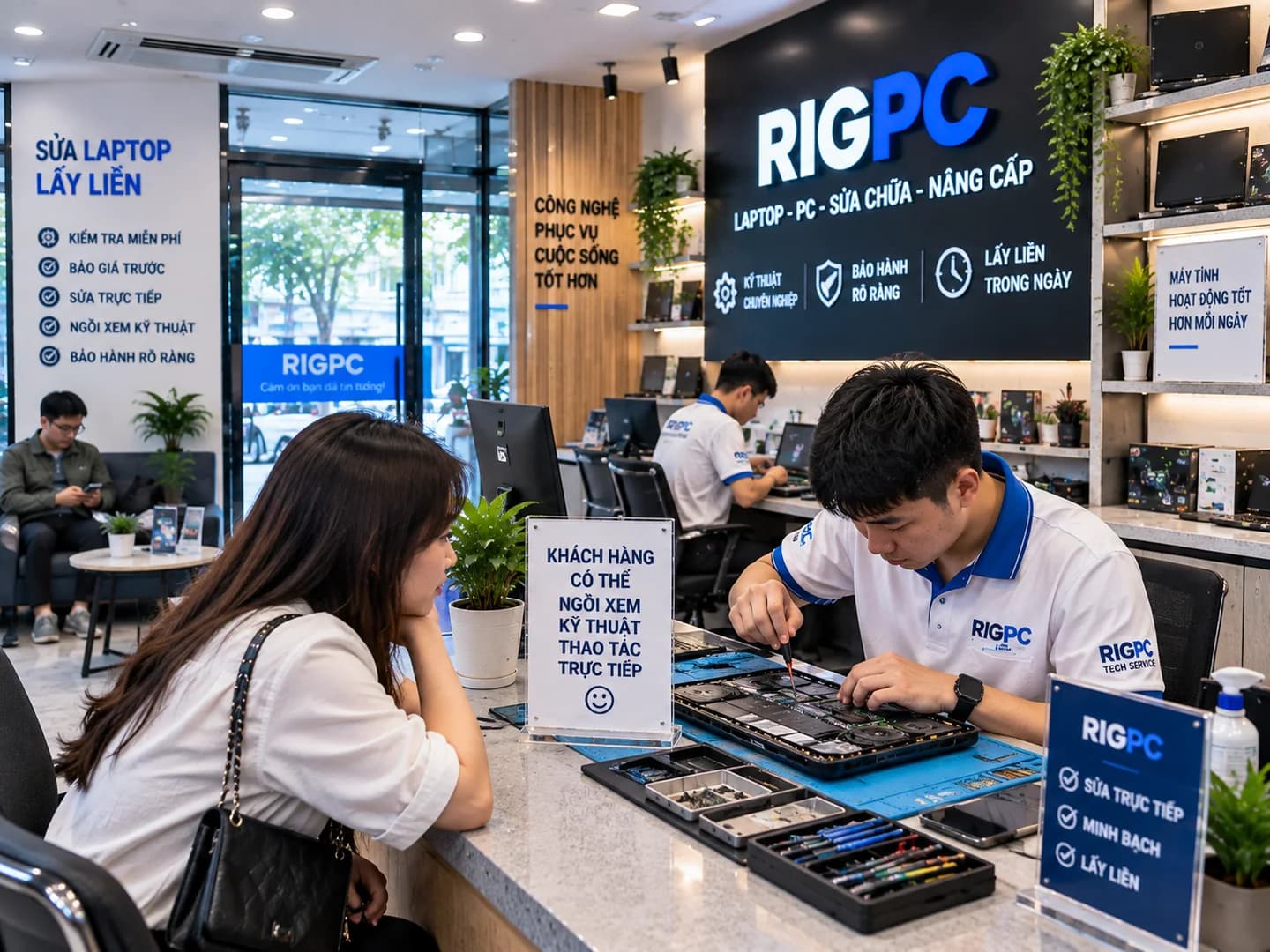 Hình minh họa khách quan sát kỹ thuật viên thao tác sửa laptop tại quầy